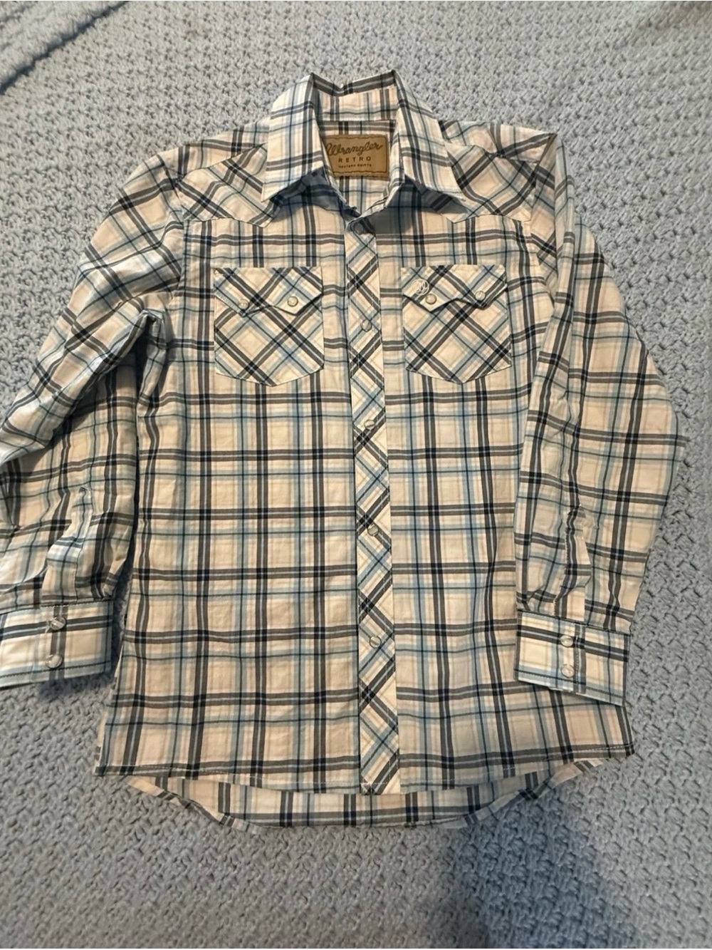 Wrangler Retro Youth Large Blue Plaid Button-Down Pearl Snap Shirt